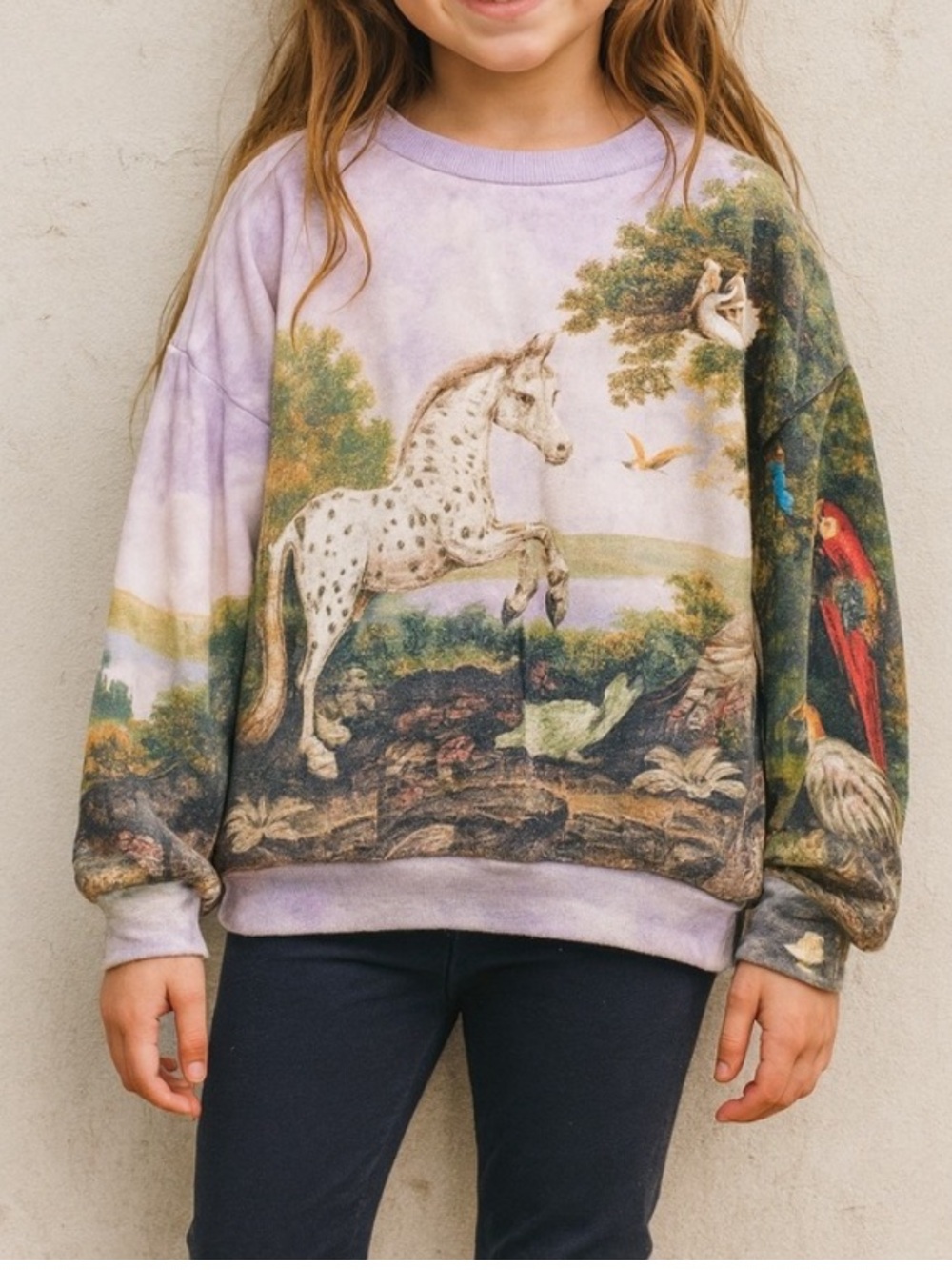 Molo Poetic Landscape Print Crewneck Sweatshirt Horse Peacock